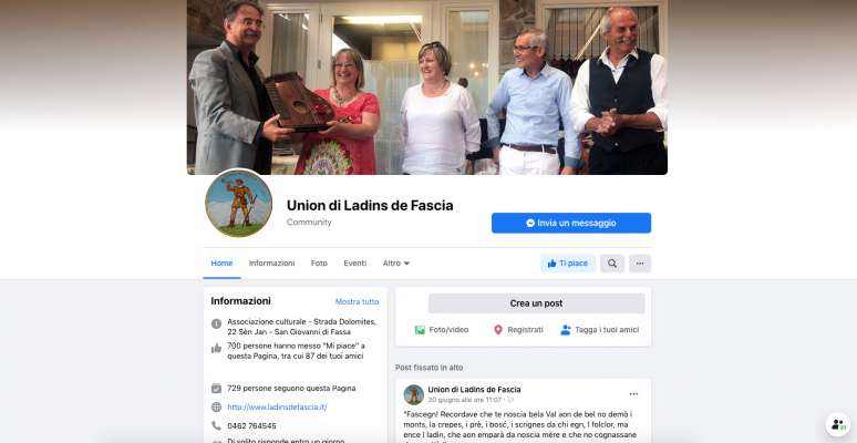 La piata Facebook de l’Union di Ladins de Fascia à arjont 720 »me pièsc«.
