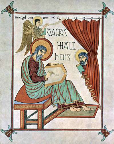 Rapresentaziun dl Apostul y Evangelist Matí tl Liber de Lindisfarne (na isola tl Nord dl’Inghiltera), depënt realisé i agn 715–721
