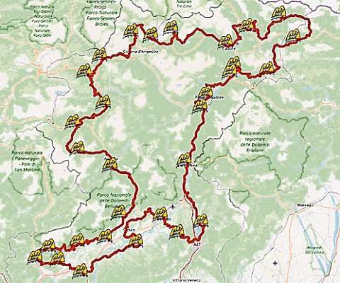 La mapa de le 30 tape del »Cammino delle Dolomiti«.
